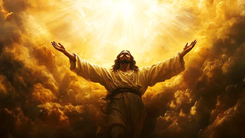 Radiant robed figure reaching toward intense golden light.