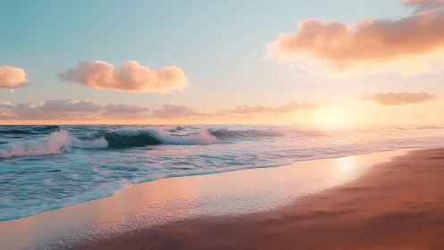 Low surf sunrise shoreline with warm pastel cloudscape