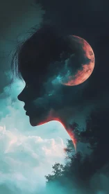 Lunar silhouette merging clouds and crimson eclipse sky.