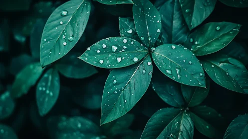 Rain-kissed green leaves in tight natural radial cluster.
