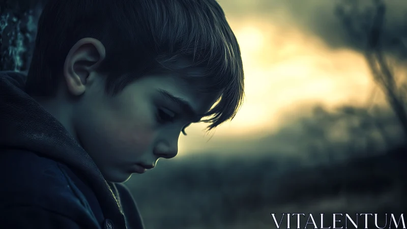 Side profile of young boy outdoors at dusk in soft focus.