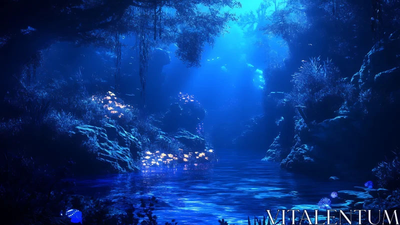 Bioluminescent forest river under deep sapphire light.