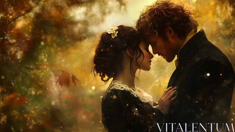 Romantic Couple Portrait with Golden Bokeh Atmospheric Lighting and Ethereal Glow Effects