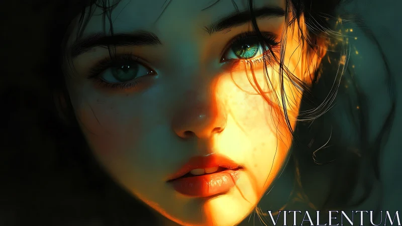 Young woman&rsquo;s illuminated face shows detailed digital rendering