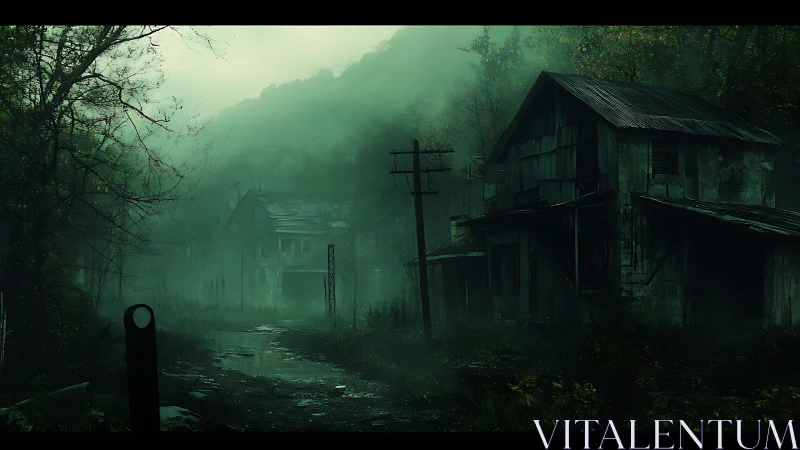 Forsaken misty village street with decaying wooden houses.
