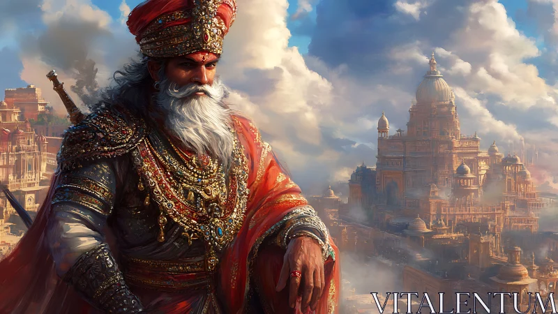 Majestic armored ruler overseeing grand cloud city.