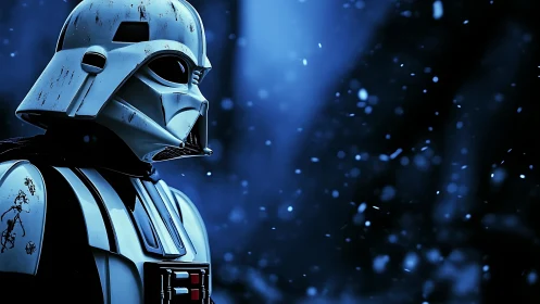 Snowfall cloaks a brooding sci fi armored sentinel in blue hush.