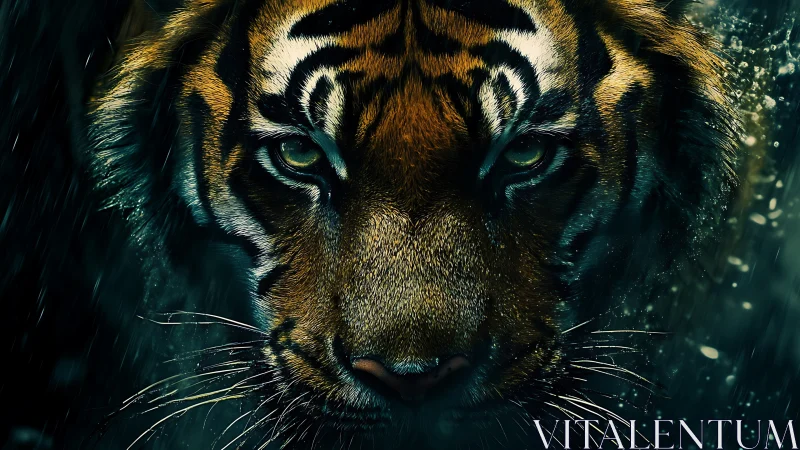 Predatory tiger portrait under stormy cinematic rainlight.