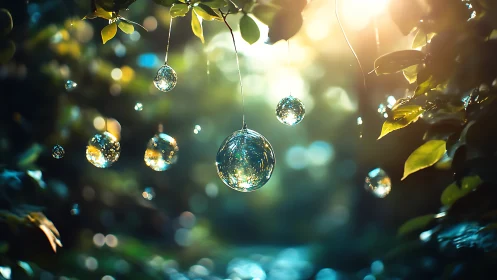 Sunlit glass orbs drifting like secret wishes in green air.