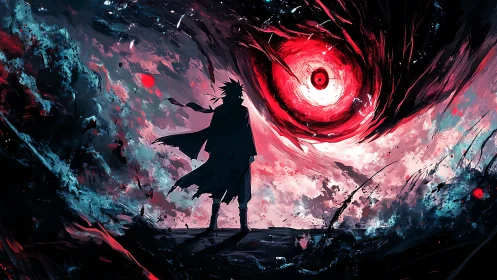 Silhouetted figure under swirling red vortex in sky.