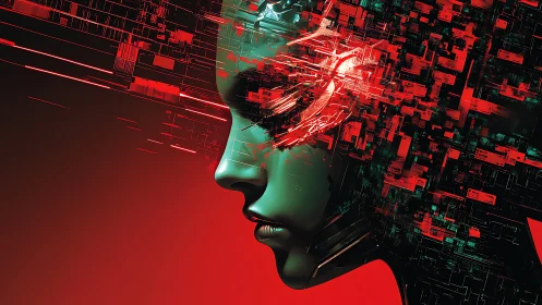 Neon shards of memory stream from a silent cybernetic mind