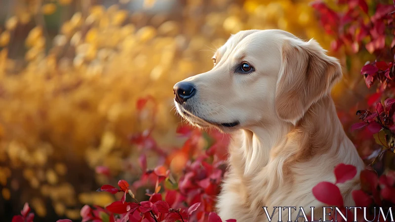 Golden retriever in autumn foliage portrait, side profile.