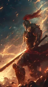 Fiery armored warrior strides forward through the storm.