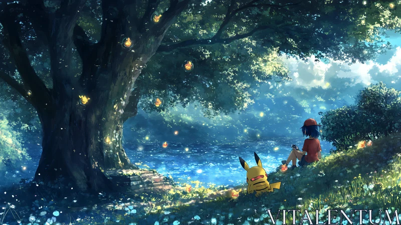 Quiet lakeside afternoon with glowing forest lights and friends.