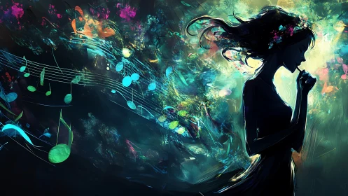 Silhouette of woman with abstract musical notes in color field.