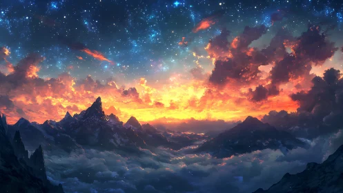 Mountain range under vivid cosmic sunset sky panorama.