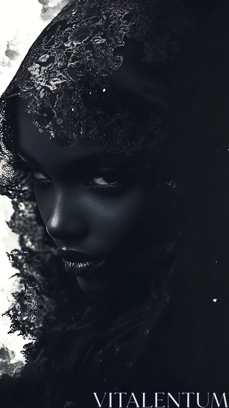 High-contrast portrait isolates veiled face in monochrome chiaroscuro