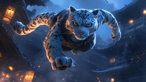 Snow leopard warrior leaping through lantern-lit rooftops.