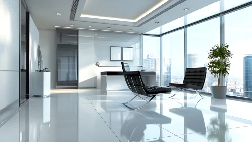Minimalist glass-walled executive office overlooks city skyline.