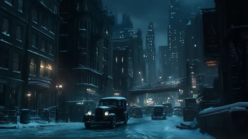 Snowy 1930s city street shows vintage cars under lamplight