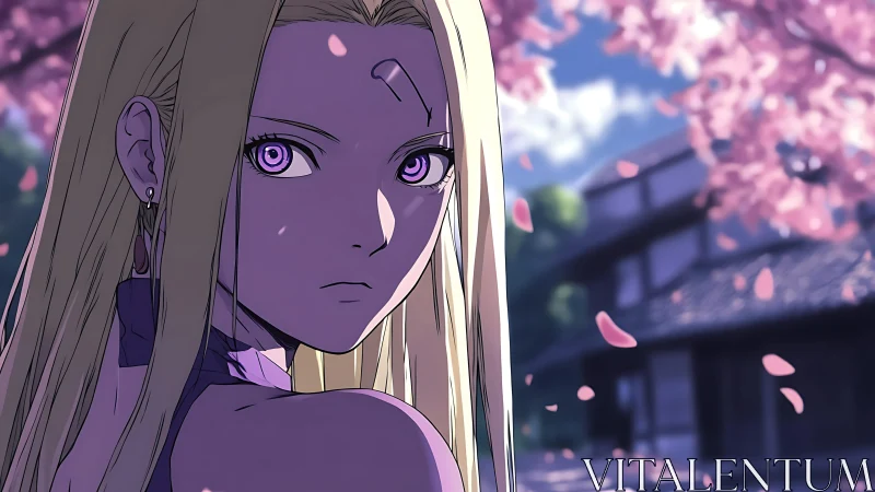 Anime heroine under cherry blossoms in quiet village street.