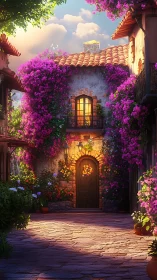 Mediterranean courtyard glows under cascading magenta blooms.