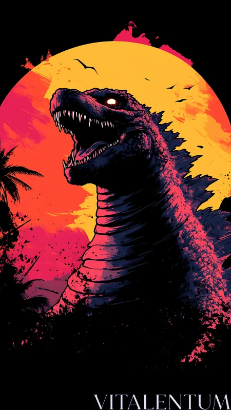 Sunset roar with a towering neon kaiju guardian.