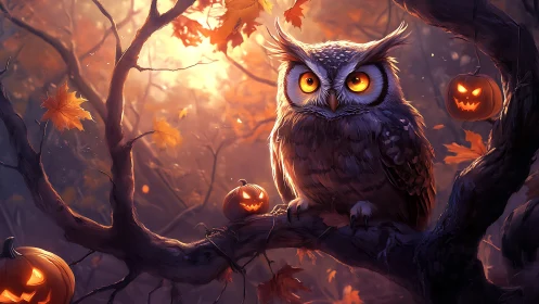 Owl on forest branch with glowing pumpkins at dusk.