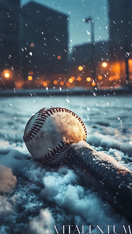 Photorealistic baseball and bat in snow with urban bokeh backdrop.
