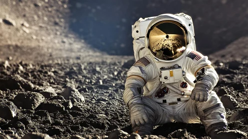 Astronaut in seated position on rocky extraterrestrial terrain