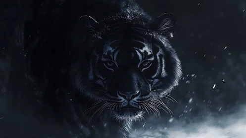 Dark snowlit tiger portrait with intense forward gaze.