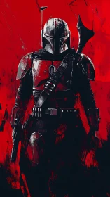 Armored space warrior stands against a blood-red chaos backdrop