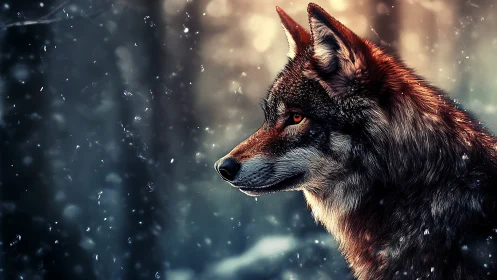 Lone wolf profile under cold snowfall, amber gaze glowing.
