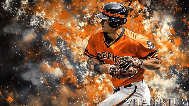 Baseball player sprints forward through explosive orange shards
