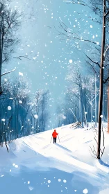 Red skier crosses luminous winter trail under falling snow.