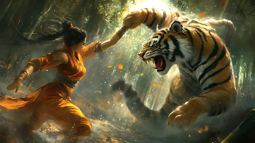 Martial artist blocks lunging tiger inside burning jungle
