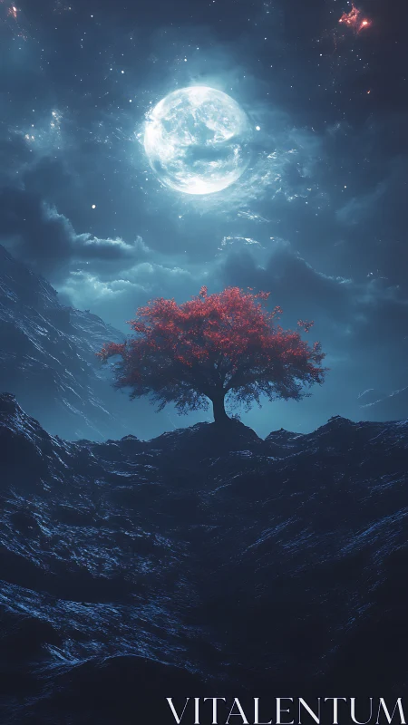 Red tree stands beneath bright full moon in rocky valley