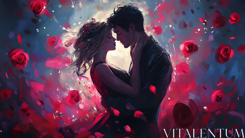 Intimate couple portrait amid swirling red roses.