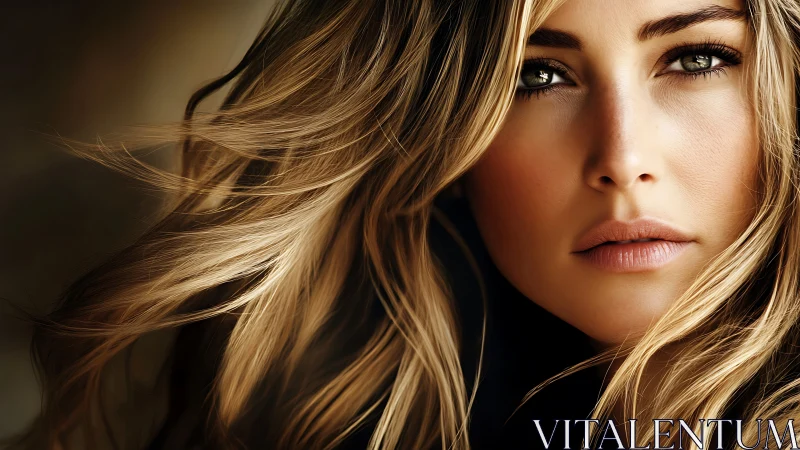 Close cropped portrait of woman with flowing blonde hair.