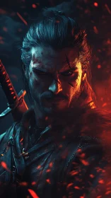 Bladeworn warrior stalks through embers and shadowed firestorm.