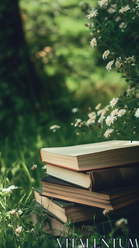 Stacked hardcover books rest on grass beside small flowers