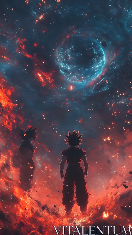 Two spiky-haired figures observe a luminous cosmic vortex