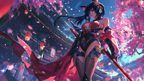 Sword‑wielding cat‑eared warrior under cherry blossoms at dusk.