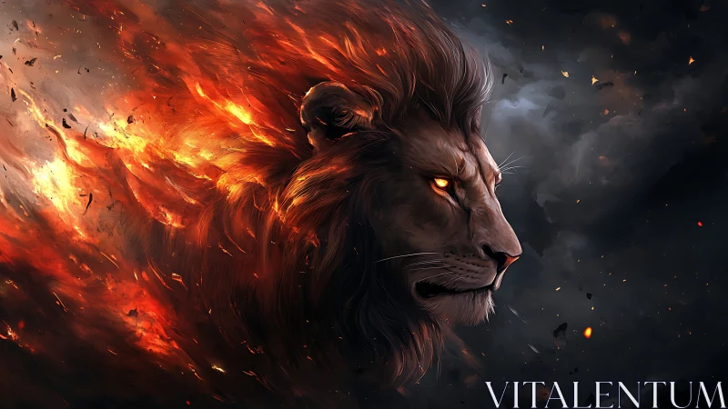 Fiery lion profile with blazing mane against dark sky.
