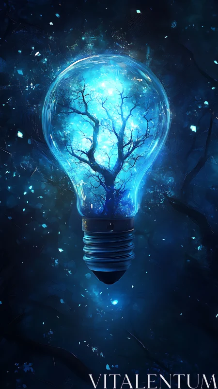 Digital painting of luminous tree enclosed in glass bulb.