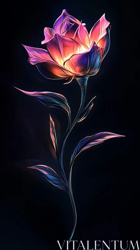 Glowing neon flower gently lighting the dark around it.