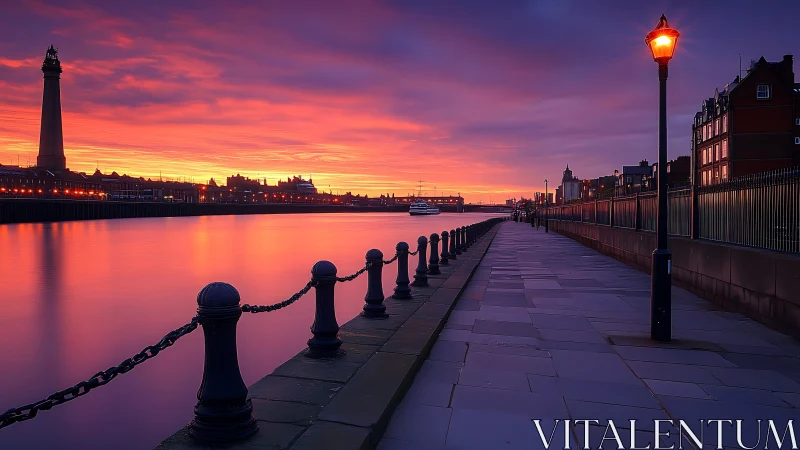 Riverside promenade at dusk with tower skyline and lamplit path