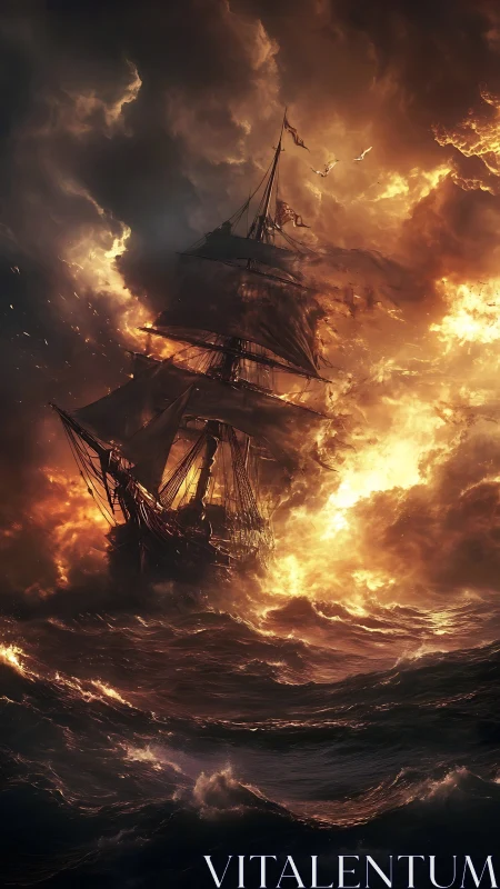Burning Ship Engulfed in Apocalyptic Fire and Storm