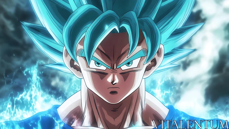 Blue haired anime fighter with glowing aura front view.