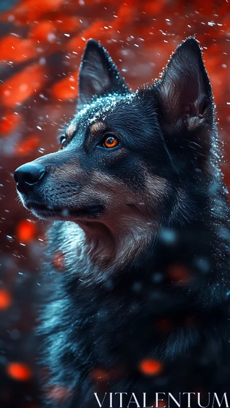 Alert snow-dusted dog with bright orange eyes in cold scene.